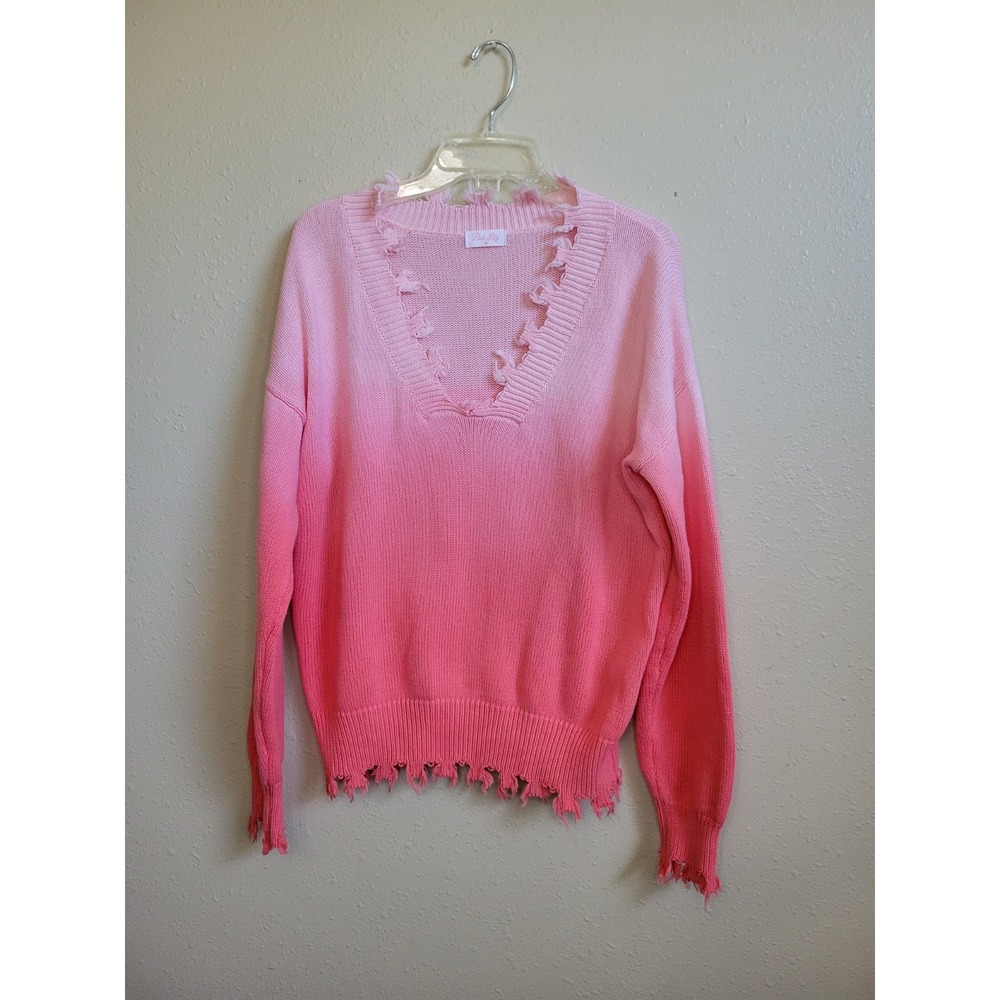 Pink Lily Sweater Medium V-Neck Knit Distressed‎ Frayed Hem 100% Cotton